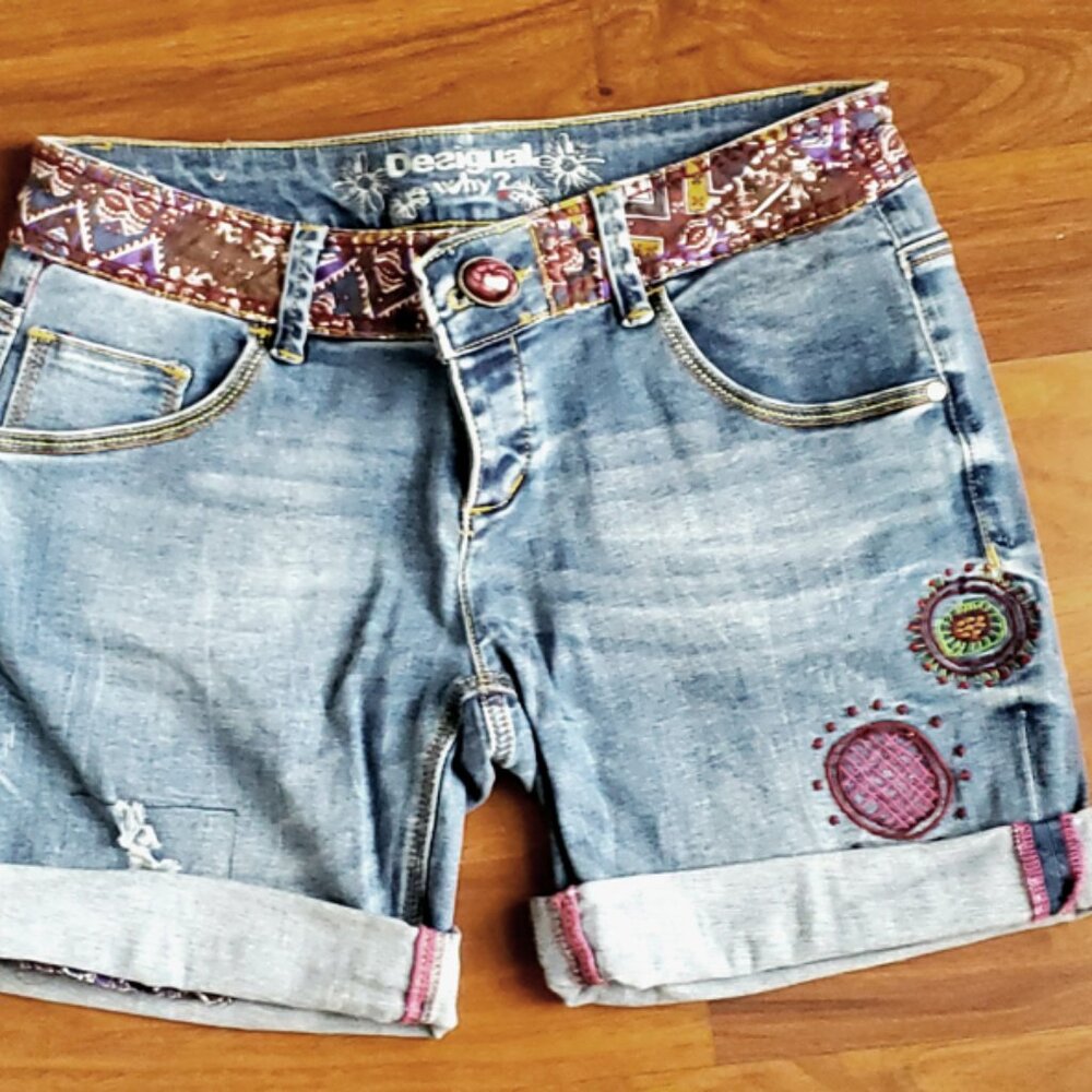 Desigual Embroidered Cuffed Blue Denim Boho Shorts